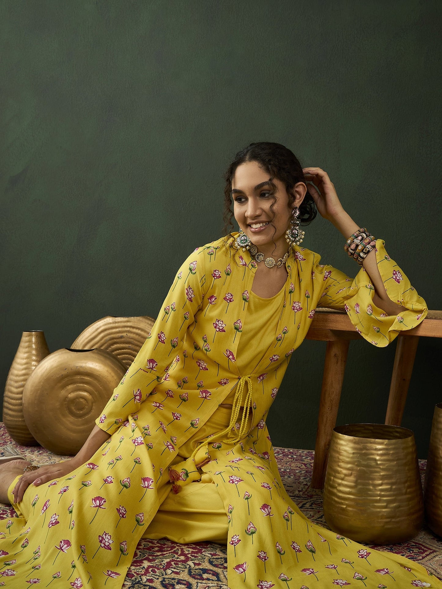Yellow Lotus Print Co Ord Set with Jacket - Elganza