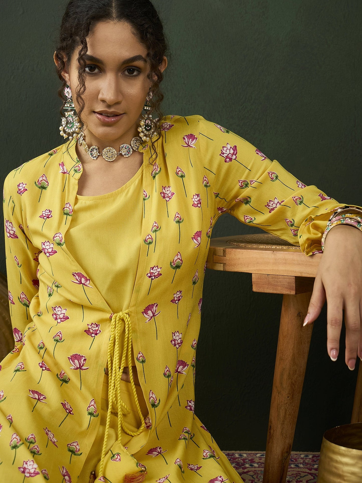 Yellow Lotus Print Co Ord Set with Jacket - Elganza