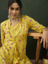 Yellow Lotus Print Co Ord Set with Jacket - Elganza