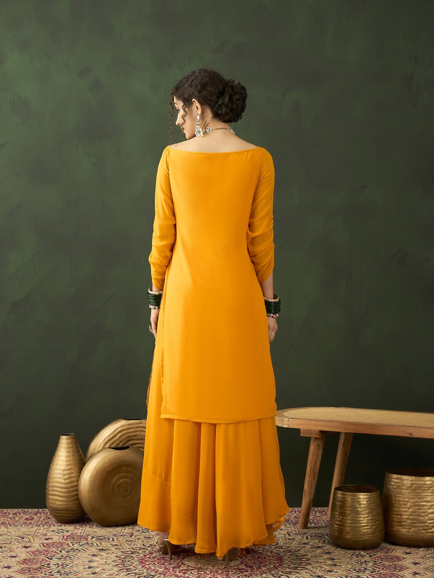 Yellow Sequin Kurta With Flared Skirt - Elganza