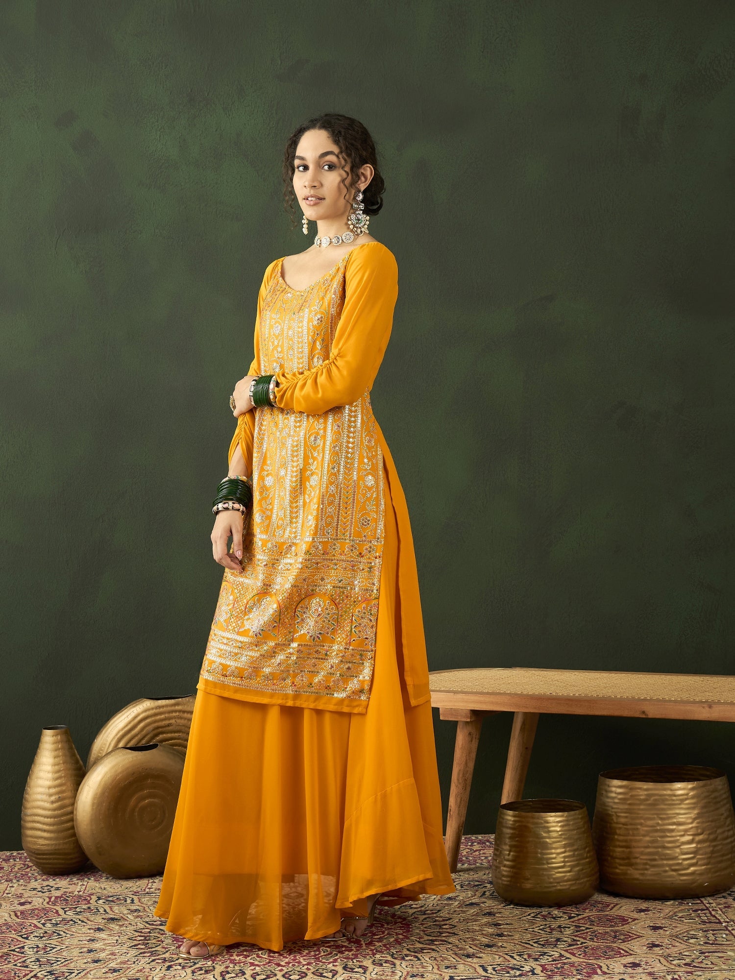 Yellow Sequin Kurta With Flared Skirt - Elganza