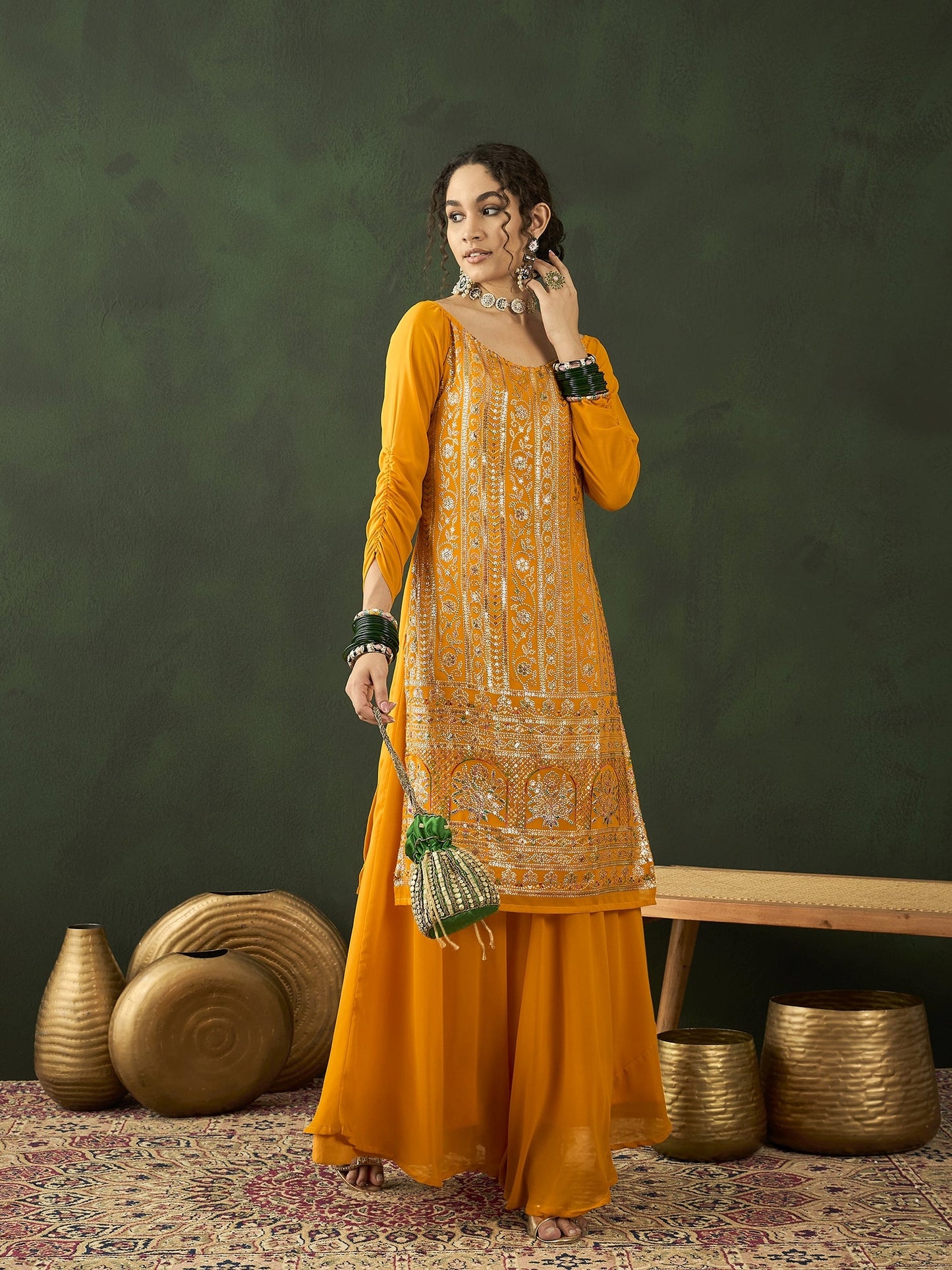 Yellow Sequin Kurta With Flared Skirt - Elganza