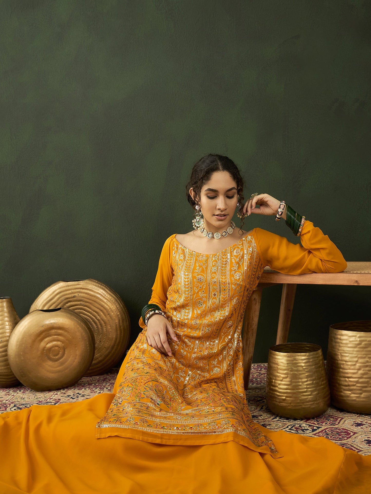 Yellow Sequin Kurta With Flared Skirt - Elganza