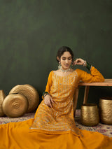 Yellow Sequin Kurta With Flared Skirt - Elganza