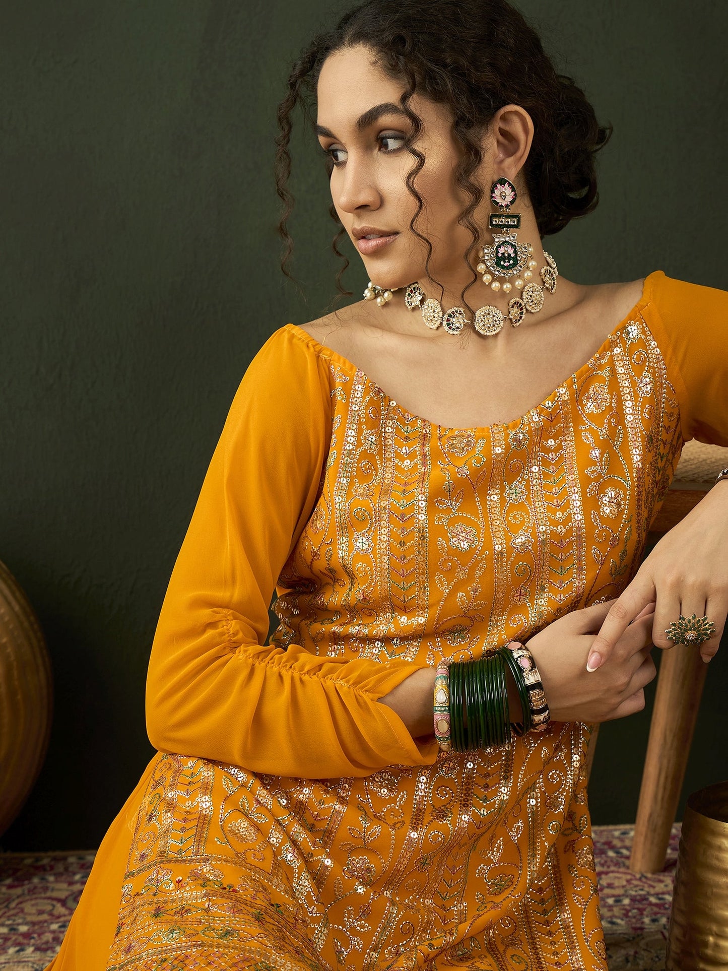 Yellow Sequin Kurta With Flared Skirt - Elganza