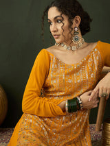Yellow Sequin Kurta With Flared Skirt - Elganza
