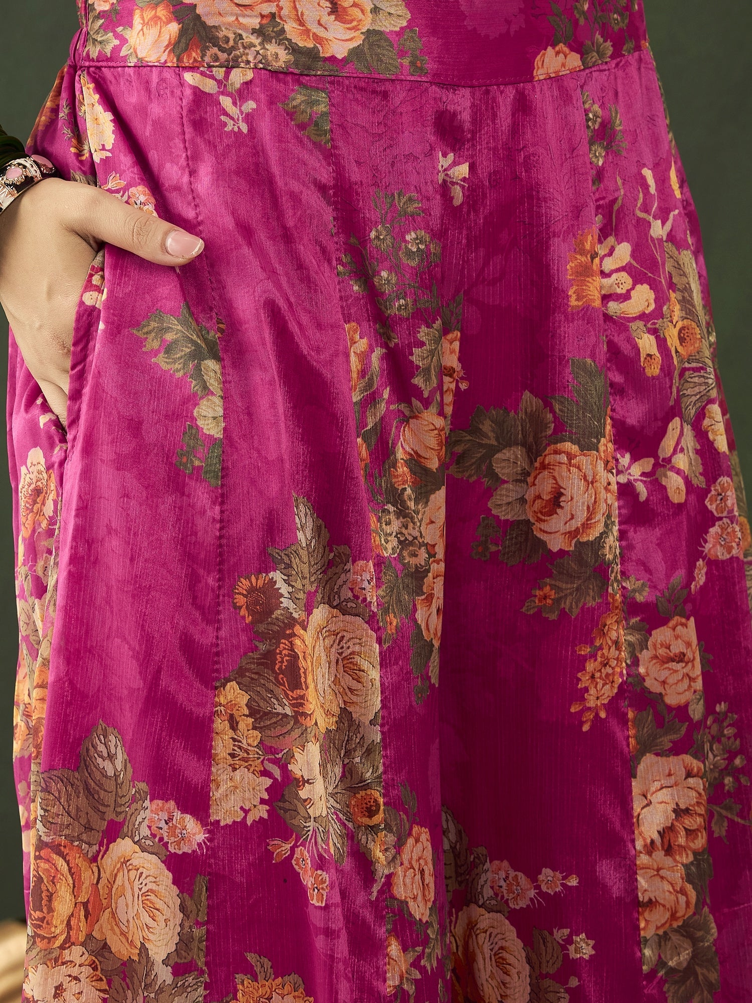 Pink Floral Print Kurta Palazzo With Dupatta - Elganza