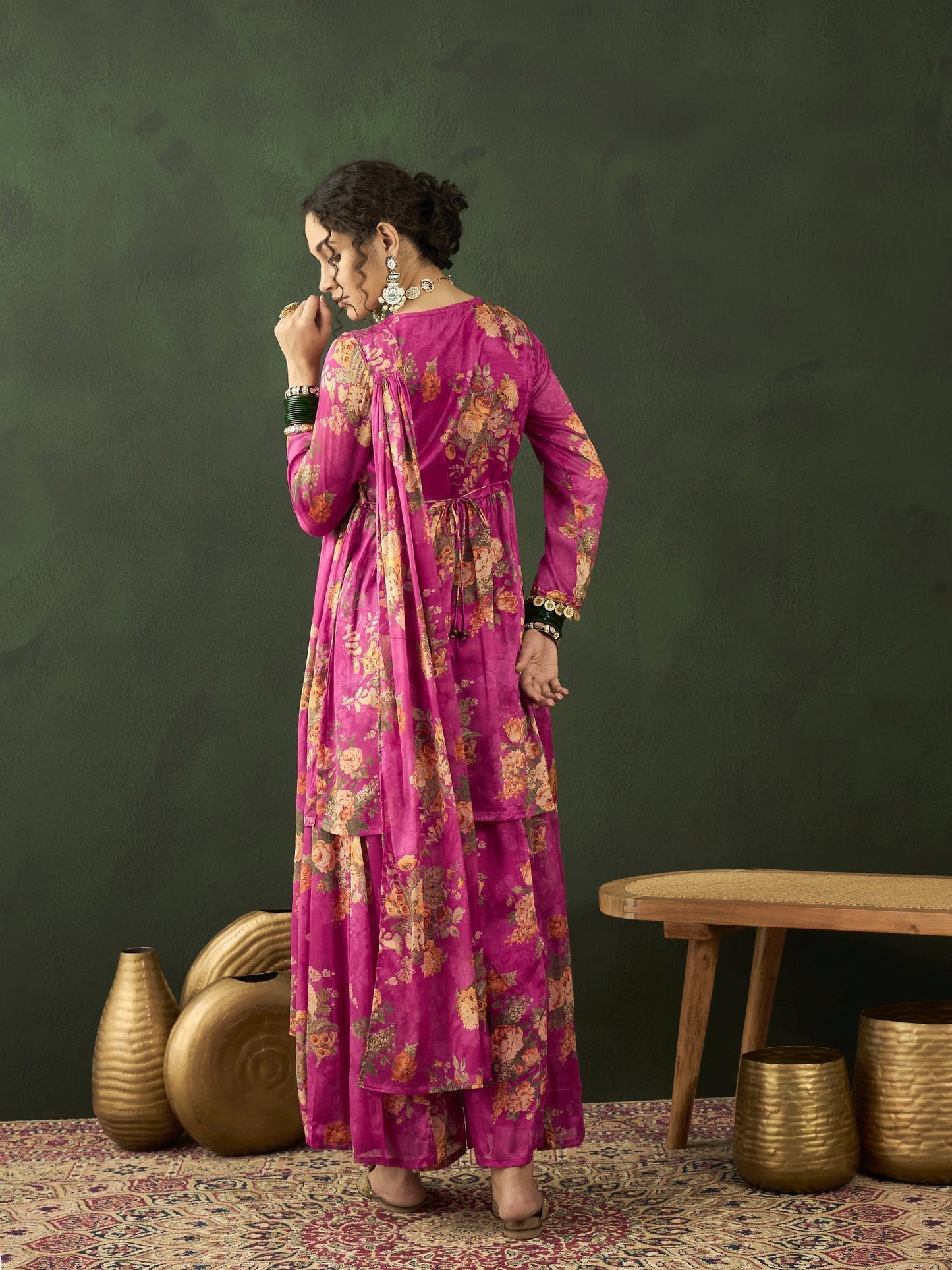 Pink Floral Print Kurta Palazzo With Dupatta - Elganza