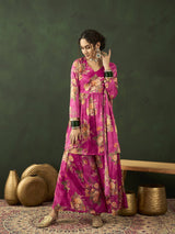 Pink Floral Print Kurta Palazzo With Dupatta - Elganza