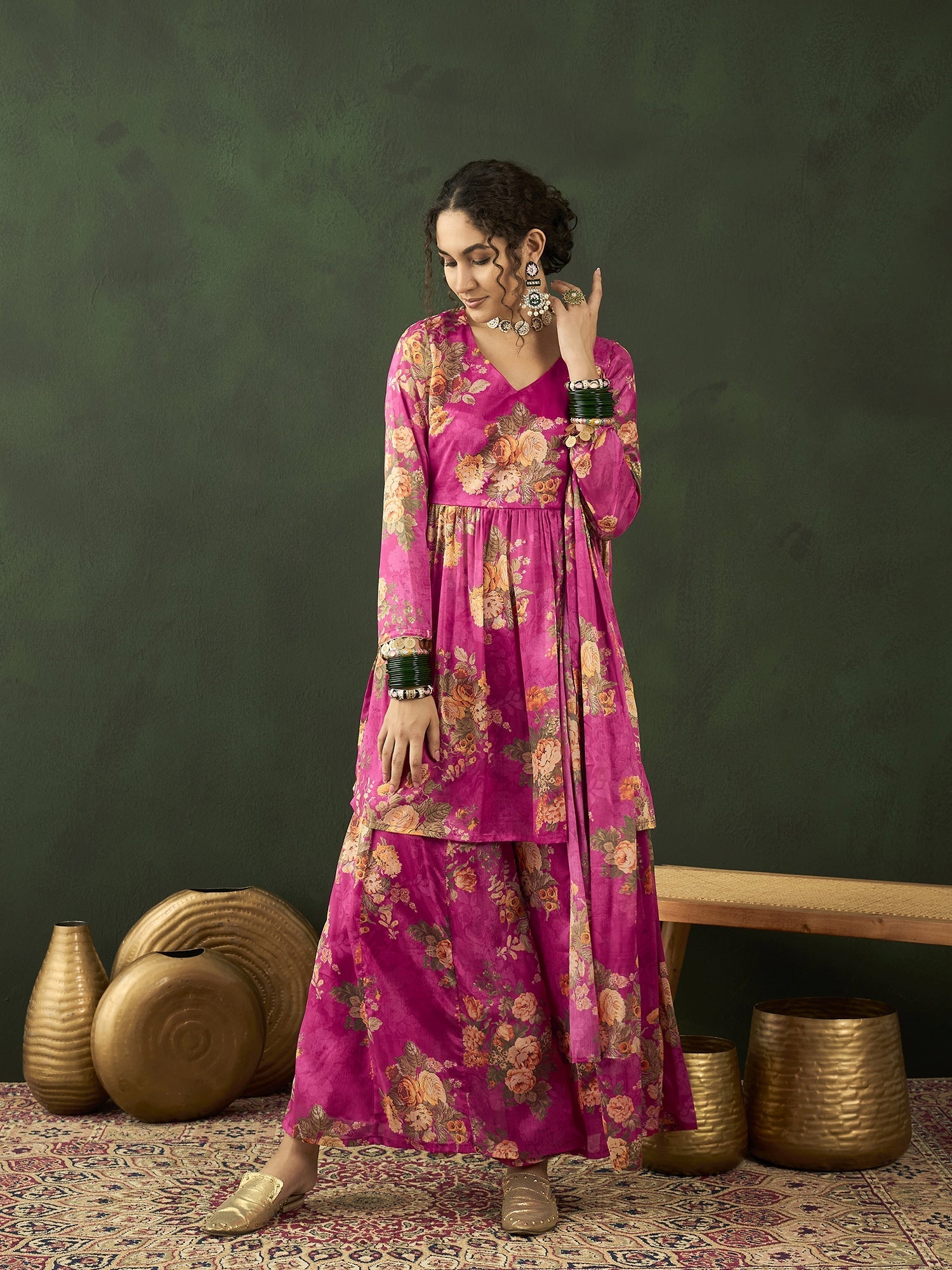 Pink Floral Print Kurta Palazzo With Dupatta - Elganza