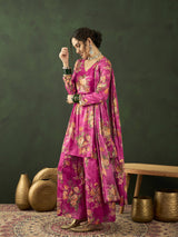Pink Floral Print Kurta Palazzo With Dupatta - Elganza