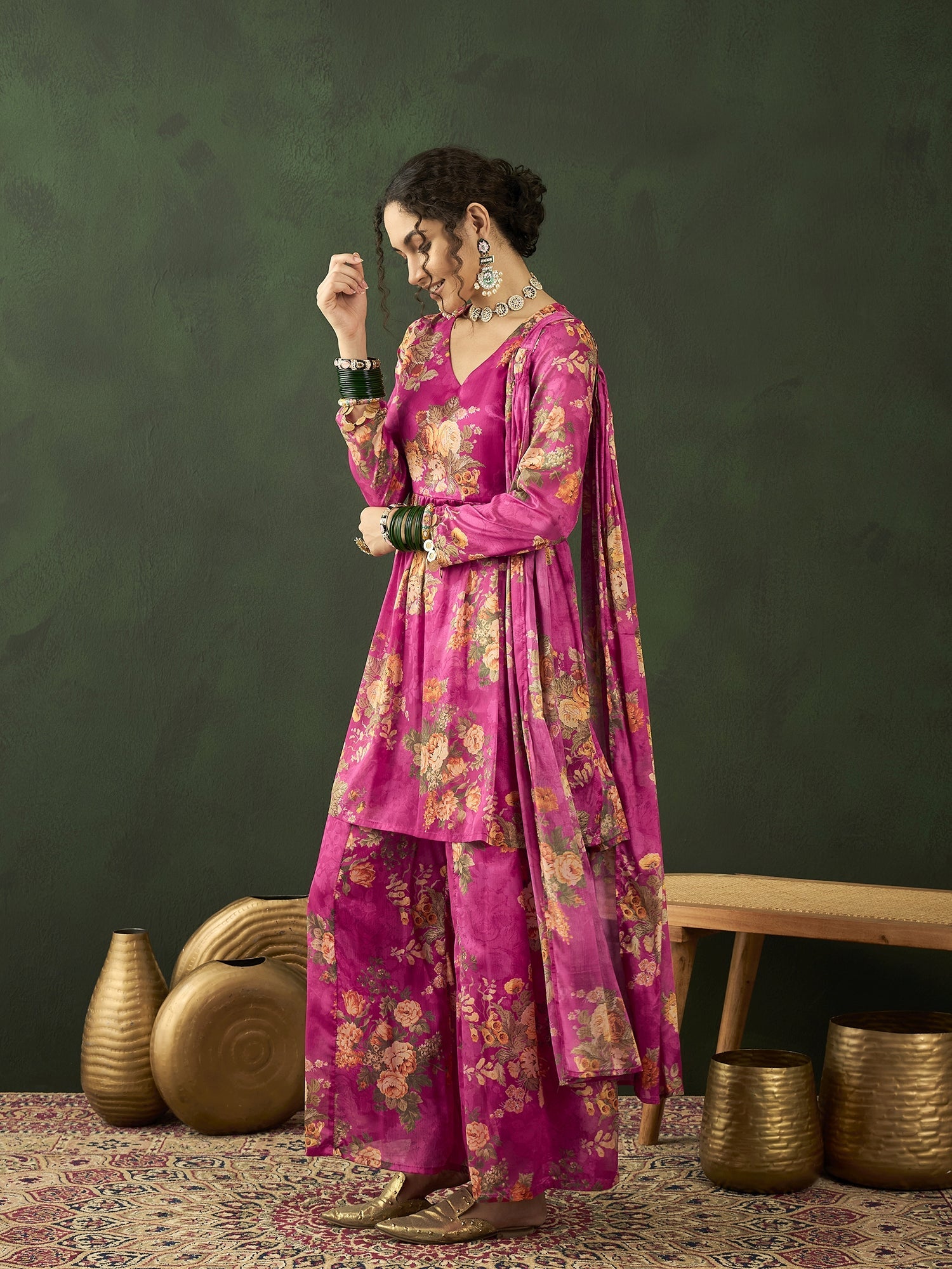 Pink Floral Print Kurta Palazzo With Dupatta - Elganza