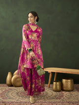 Pink Floral Print Kurta Palazzo With Dupatta - Elganza