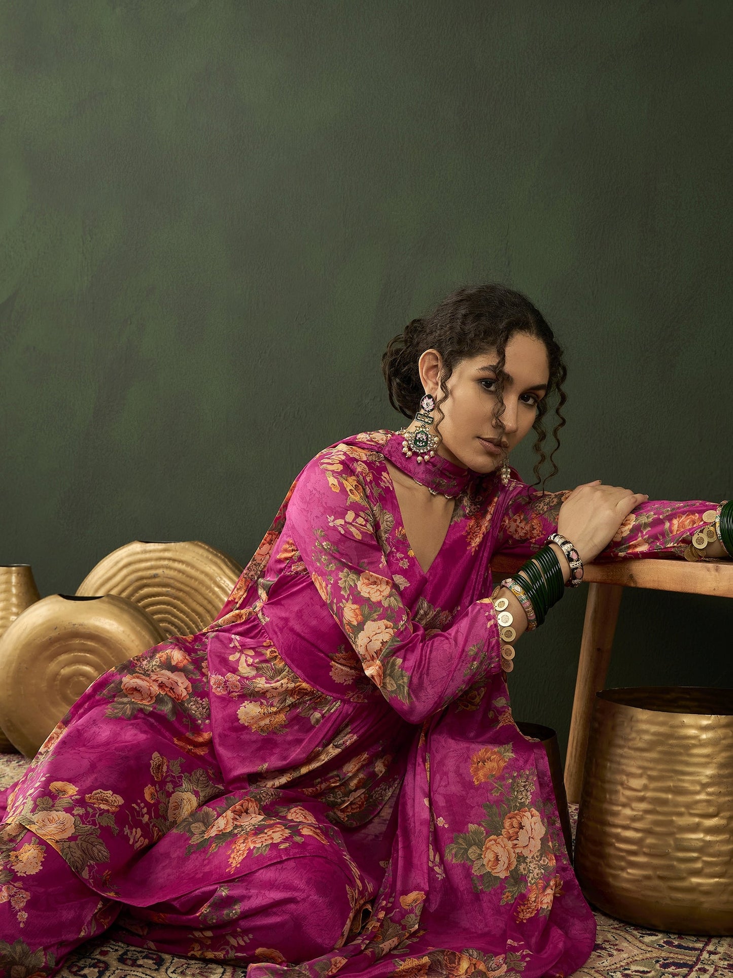 Pink Floral Print Kurta Palazzo With Dupatta - Elganza