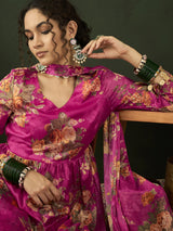Pink Floral Print Kurta Palazzo With Dupatta - Elganza
