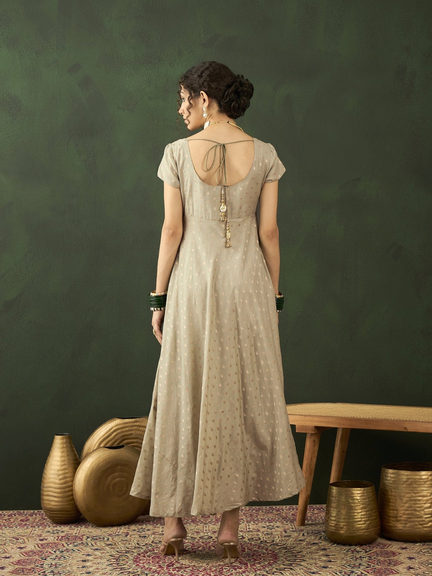 Grey Zari Worked Flared Maxi Dress - Elganza