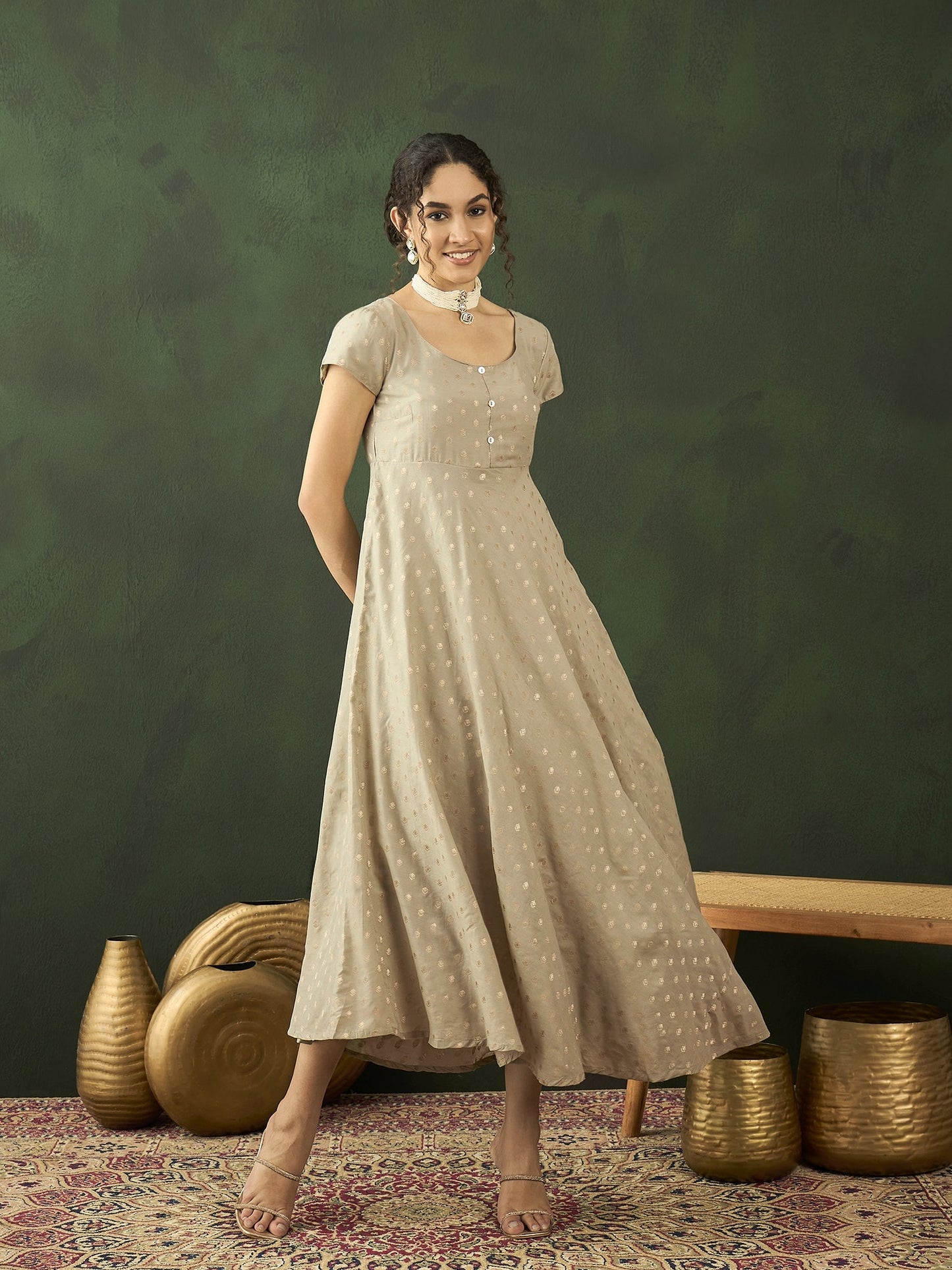 Grey Zari Worked Flared Maxi Dress - Elganza