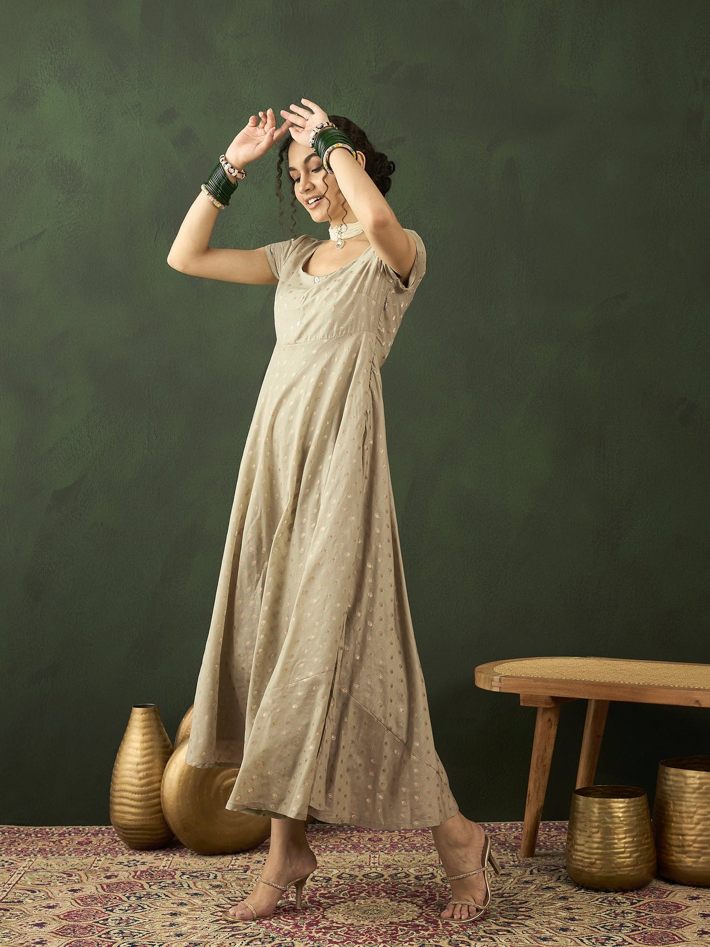Grey Zari Worked Flared Maxi Dress - Elganza