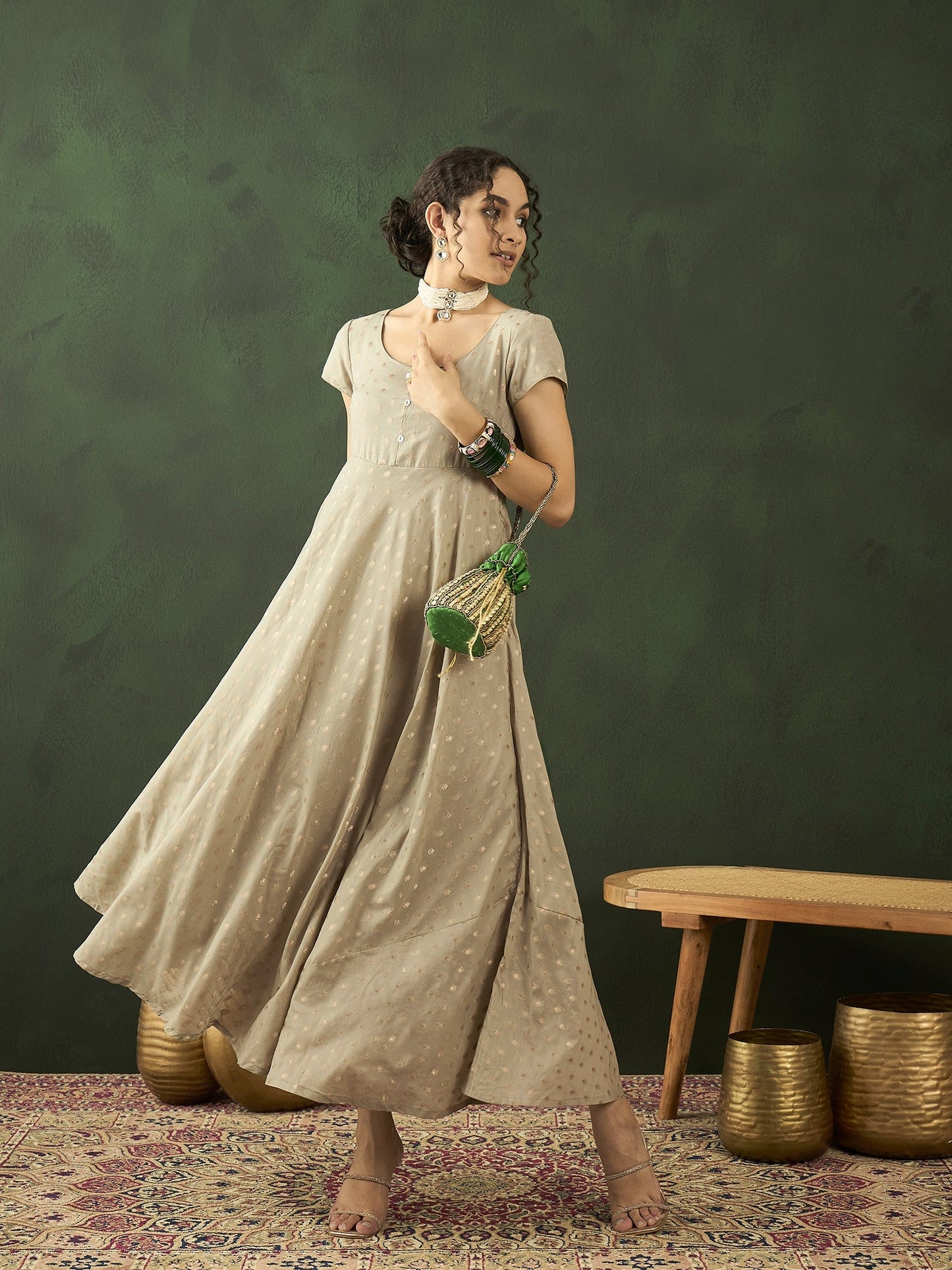 Grey Zari Worked Flared Maxi Dress - Elganza