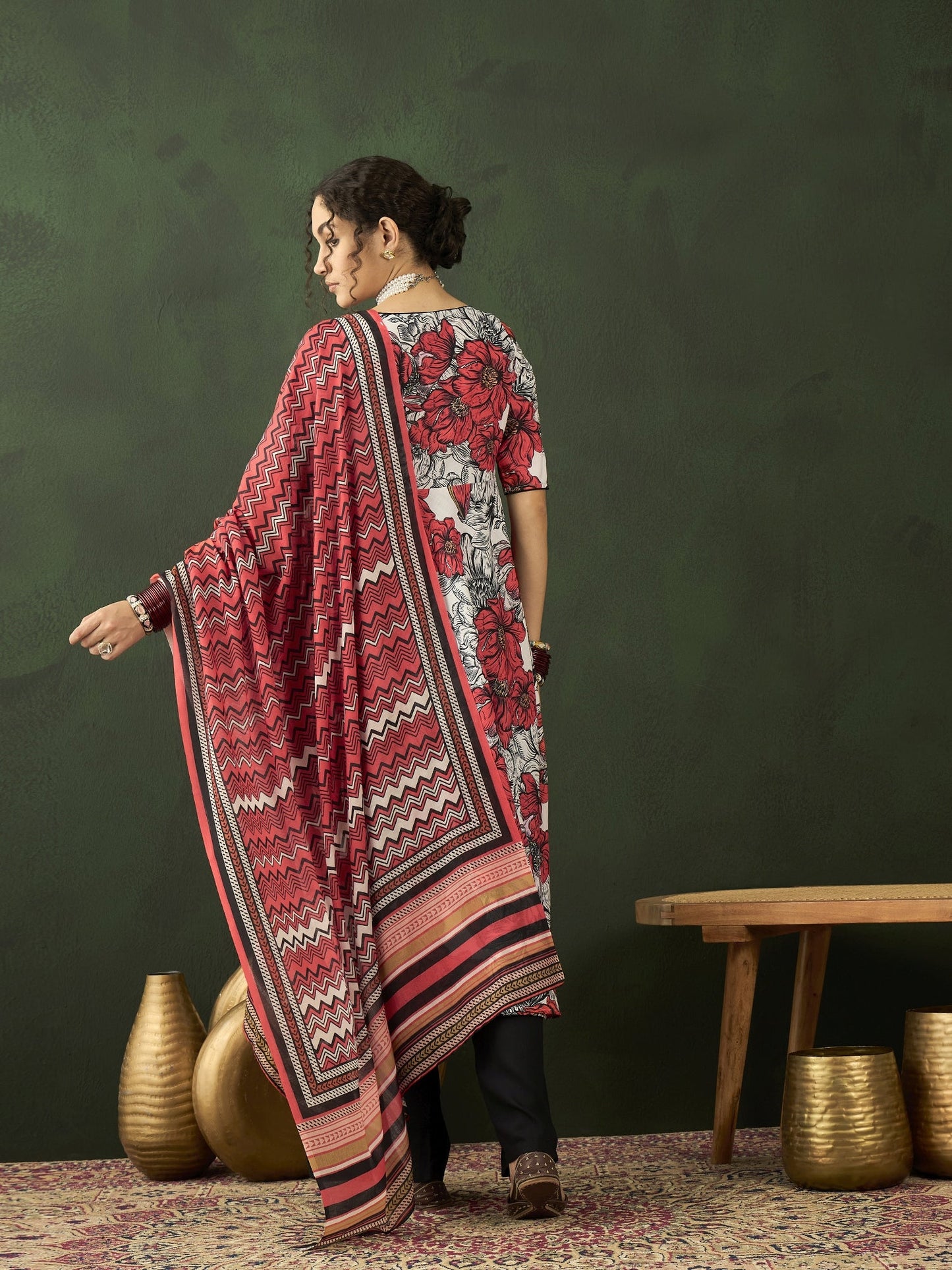 White & Red Floral Print Anarkali Palazzo With Dupatta - Elganza