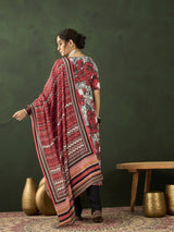White & Red Floral Print Anarkali Palazzo With Dupatta - Elganza