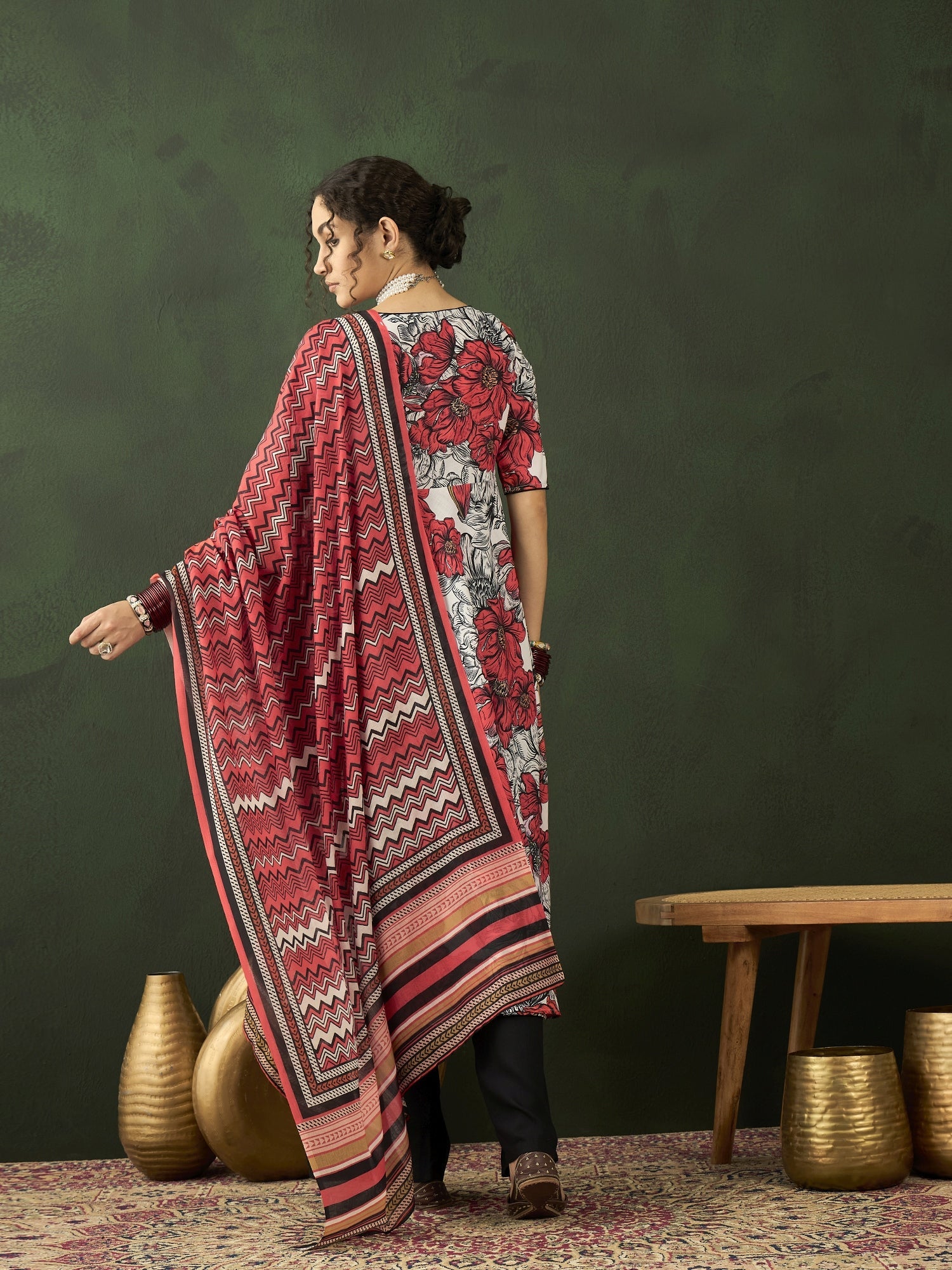 White & Red Floral Print Anarkali Palazzo With Dupatta - Elganza