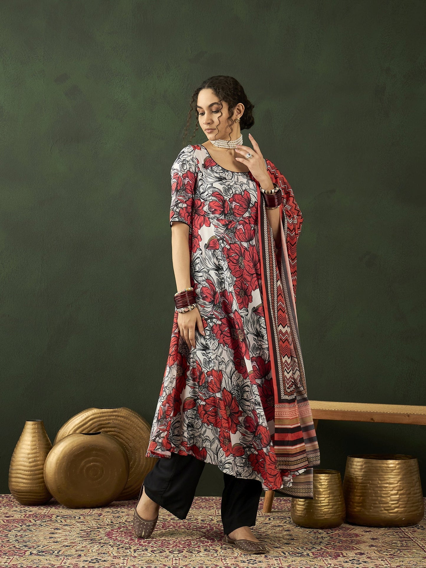 White & Red Floral Print Anarkali Palazzo With Dupatta - Elganza