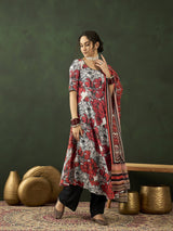 White & Red Floral Print Anarkali Palazzo With Dupatta - Elganza