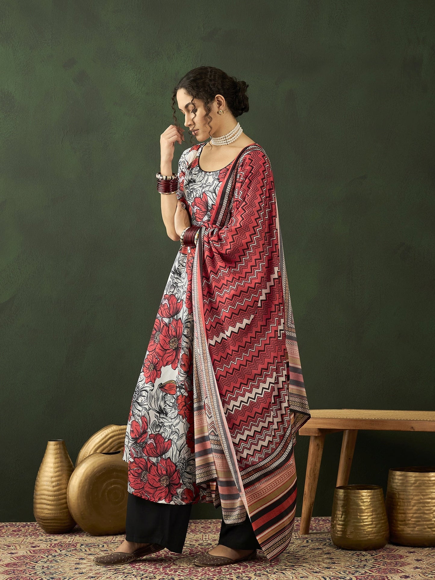 White & Red Floral Print Anarkali Palazzo With Dupatta - Elganza
