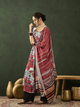 White & Red Floral Print Anarkali Palazzo With Dupatta - Elganza