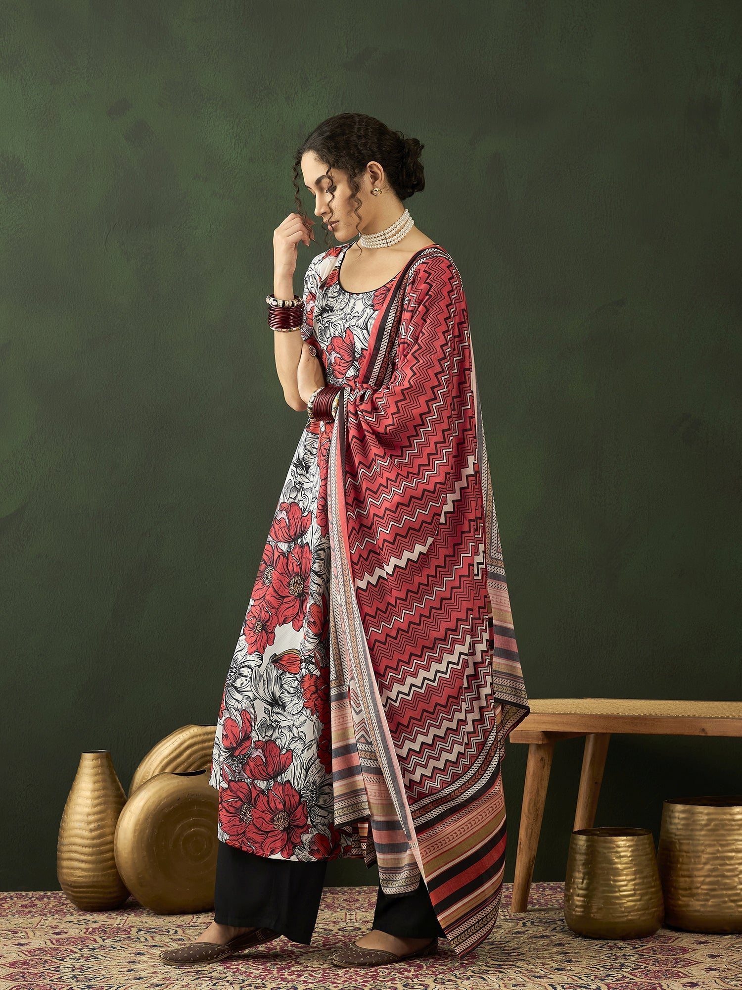 White & Red Floral Print Anarkali Palazzo With Dupatta - Elganza