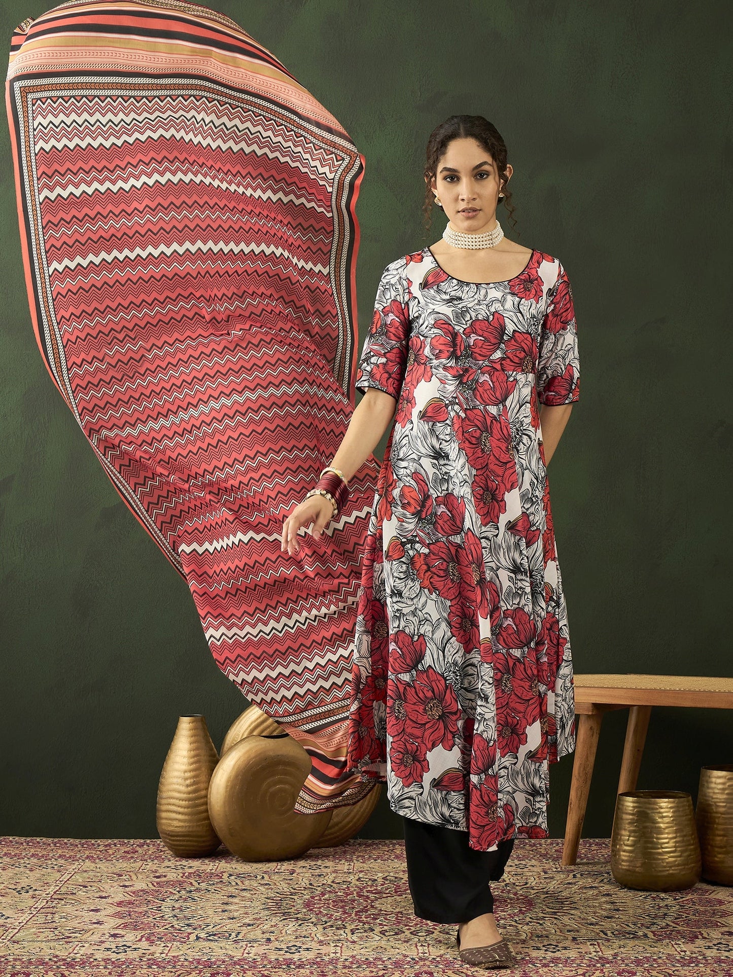 White & Red Floral Print Anarkali Palazzo With Dupatta - Elganza