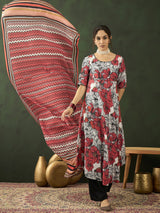 White & Red Floral Print Anarkali Palazzo With Dupatta - Elganza