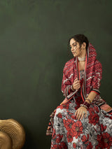 White & Red Floral Print Anarkali Palazzo With Dupatta - Elganza