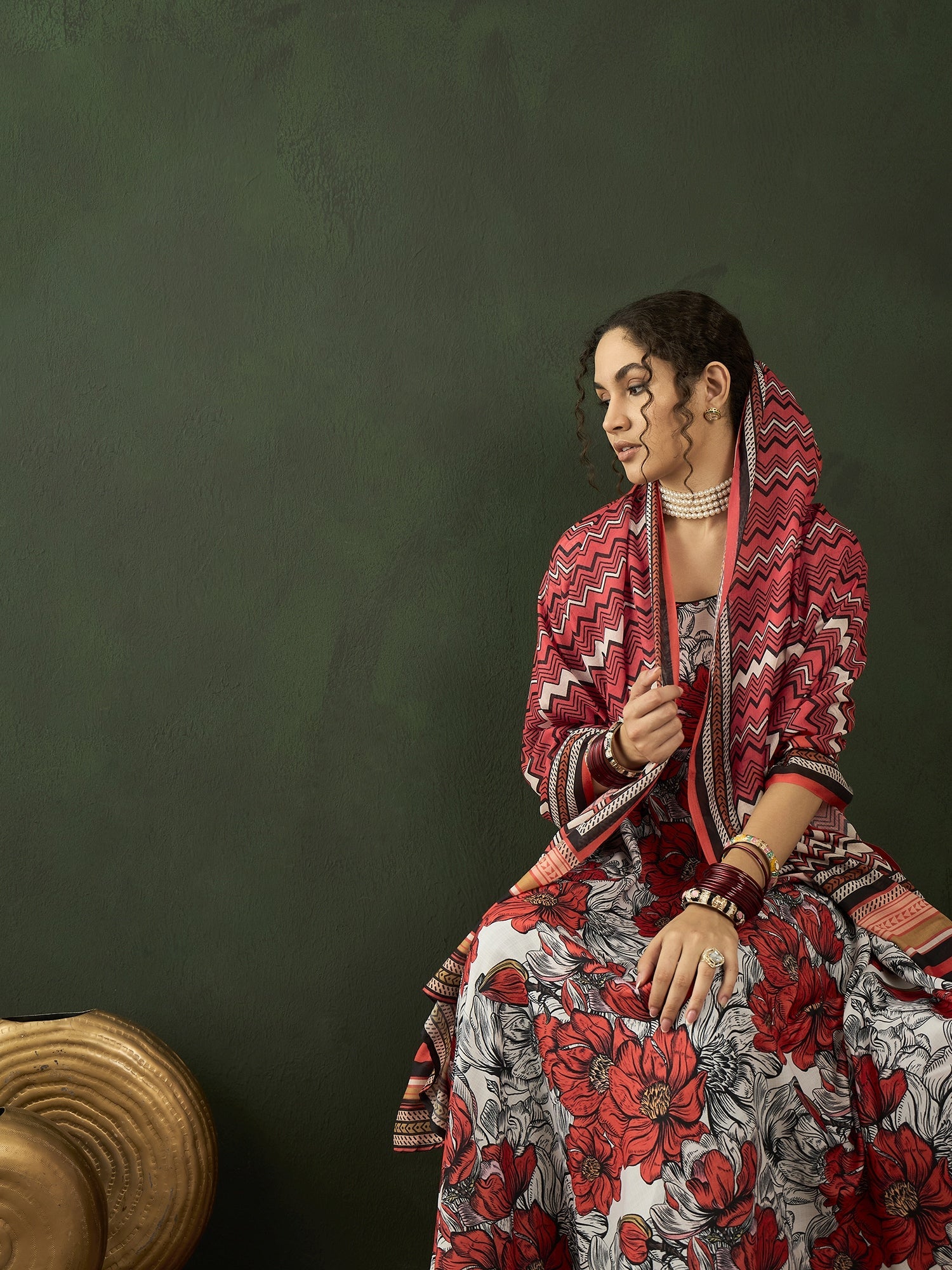 White & Red Floral Print Anarkali Palazzo With Dupatta - Elganza