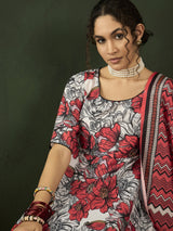 White & Red Floral Print Anarkali Palazzo With Dupatta - Elganza