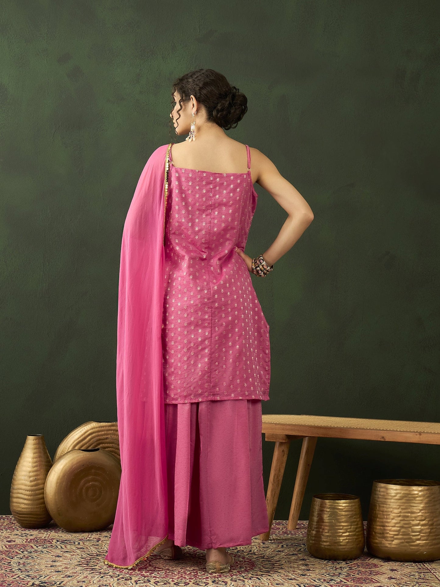 Pink Gold Zari Work Woven Design Kurta Palazzo With Dupatta - Elganza