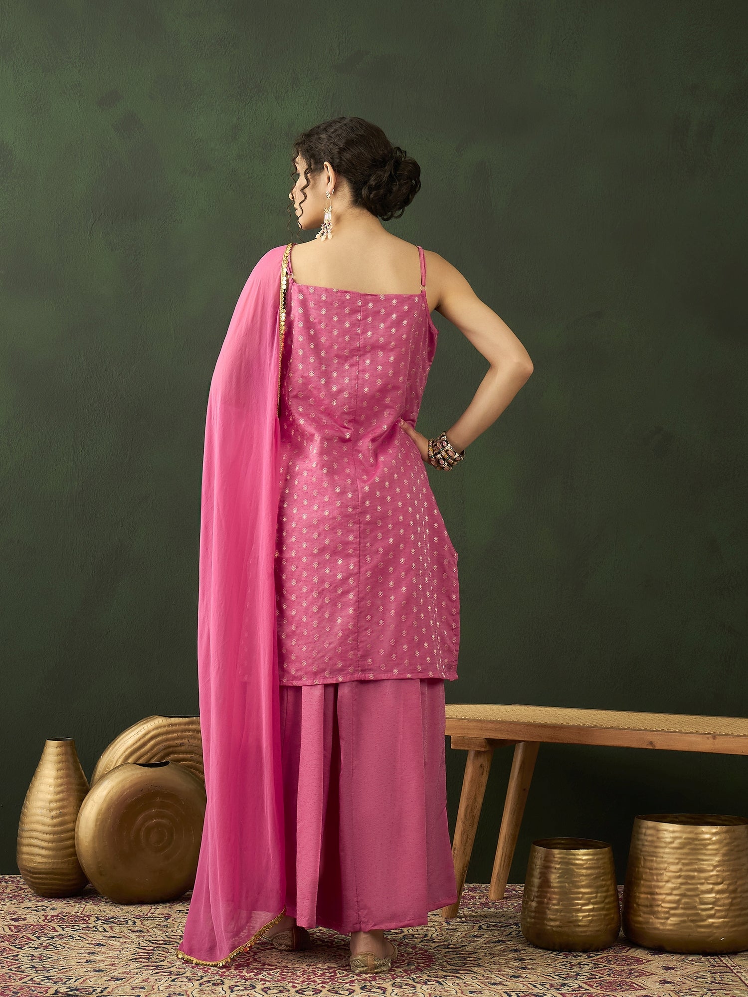 Pink Gold Zari Work Woven Design Kurta Palazzo With Dupatta - Elganza