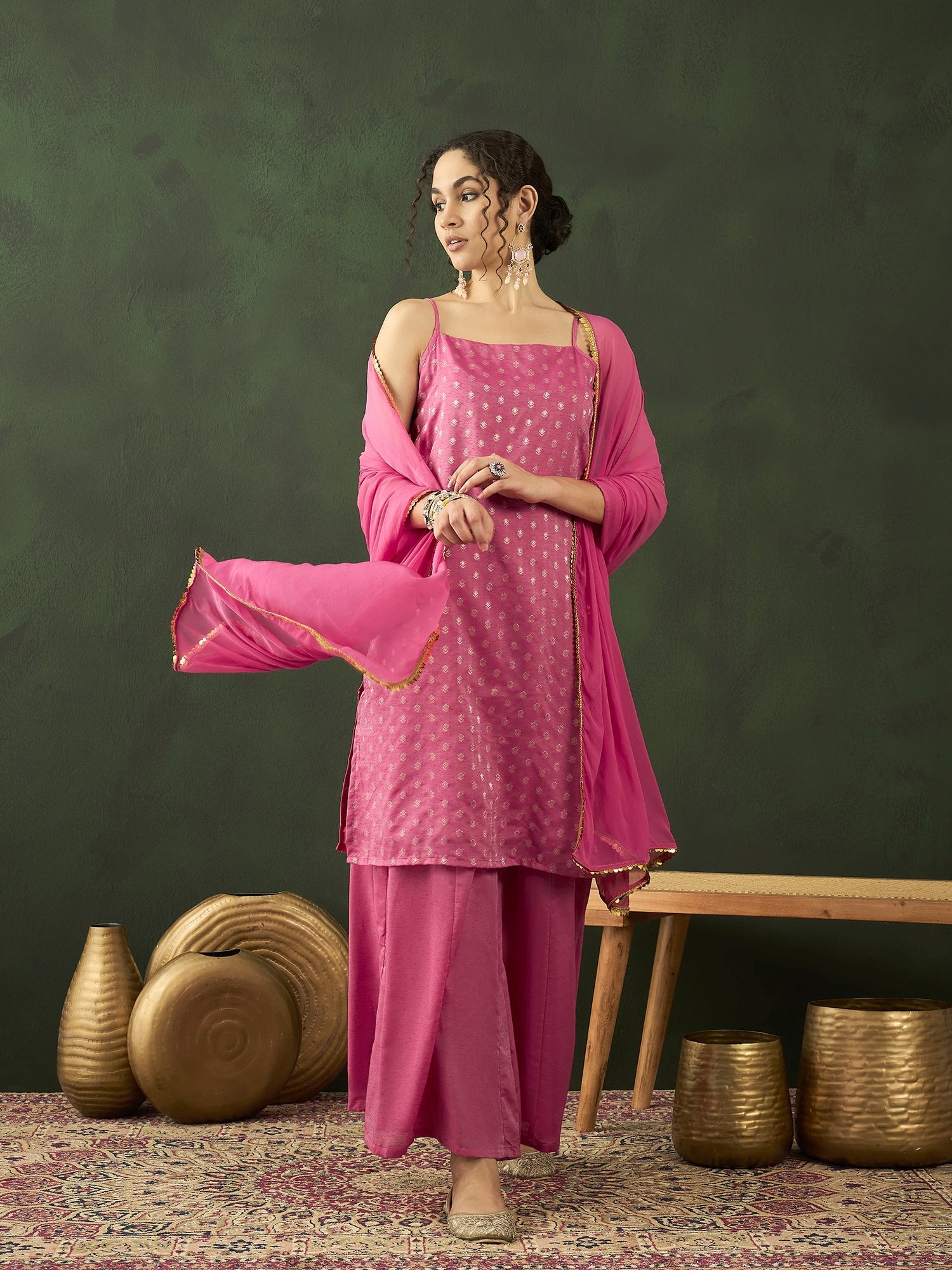 Pink Gold Zari Work Woven Design Kurta Palazzo With Dupatta - Elganza
