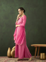 Pink Gold Zari Work Woven Design Kurta Palazzo With Dupatta - Elganza
