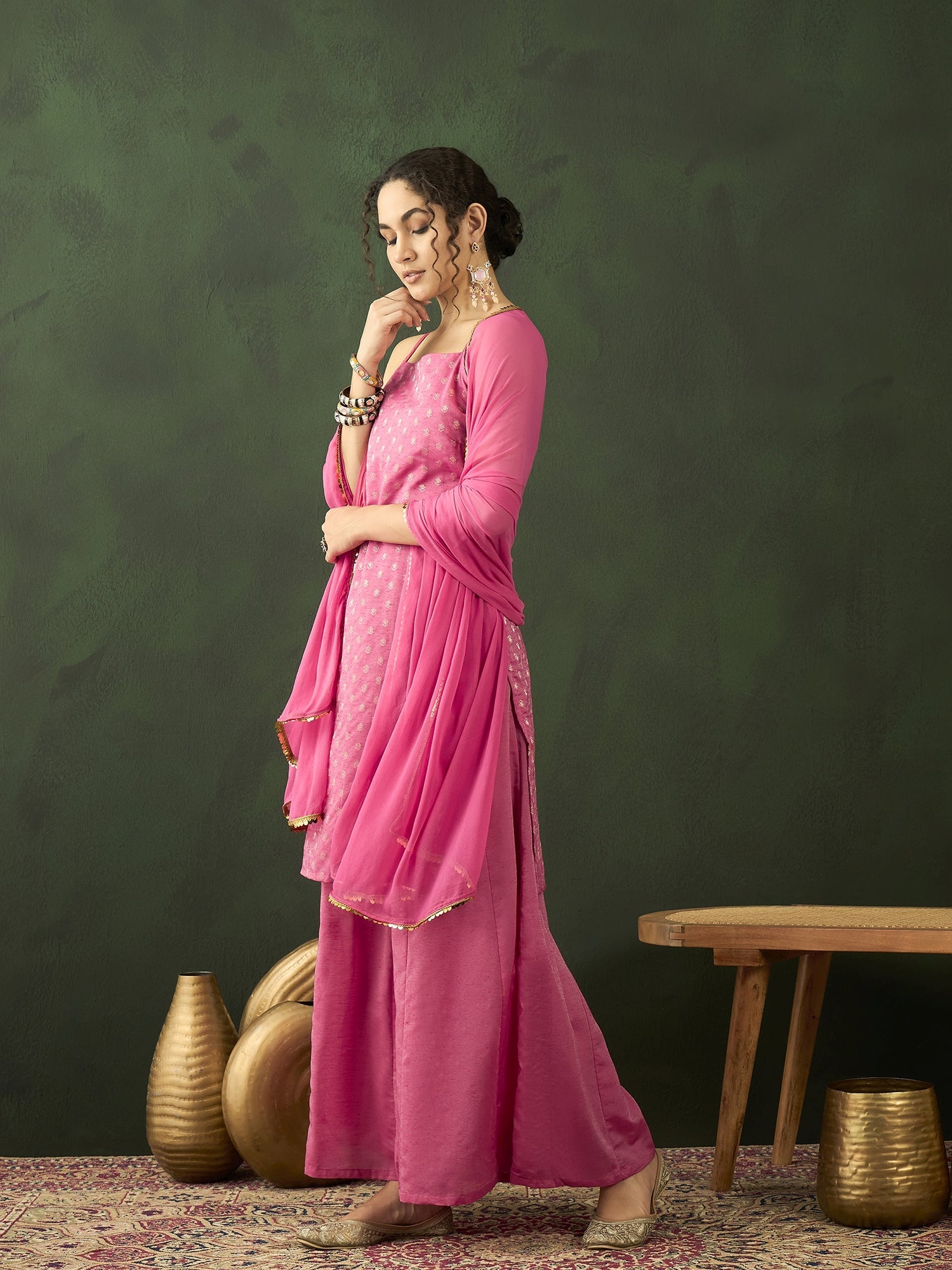 Pink Gold Zari Work Woven Design Kurta Palazzo With Dupatta - Elganza