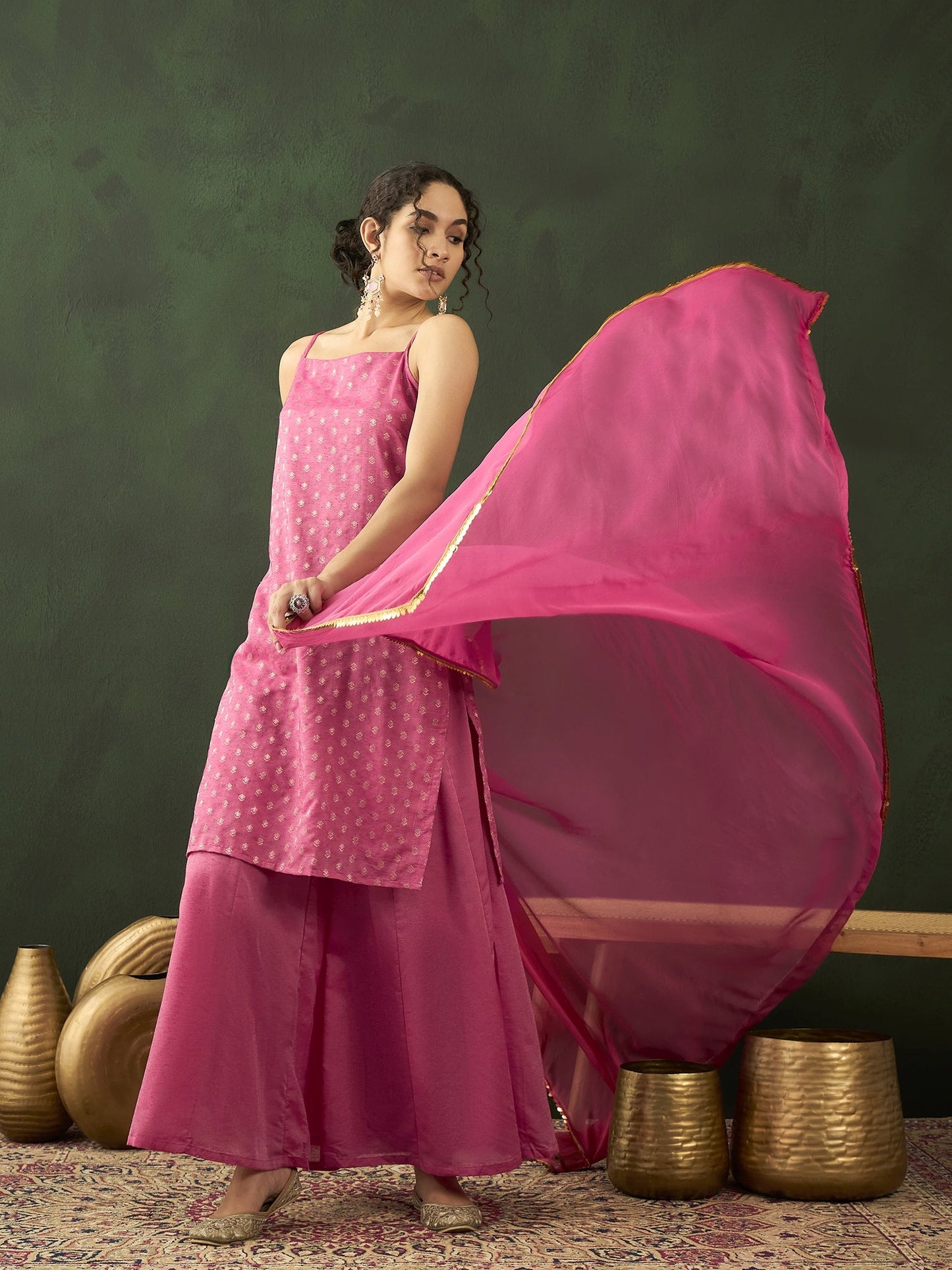 Pink Gold Zari Work Woven Design Kurta Palazzo With Dupatta - Elganza