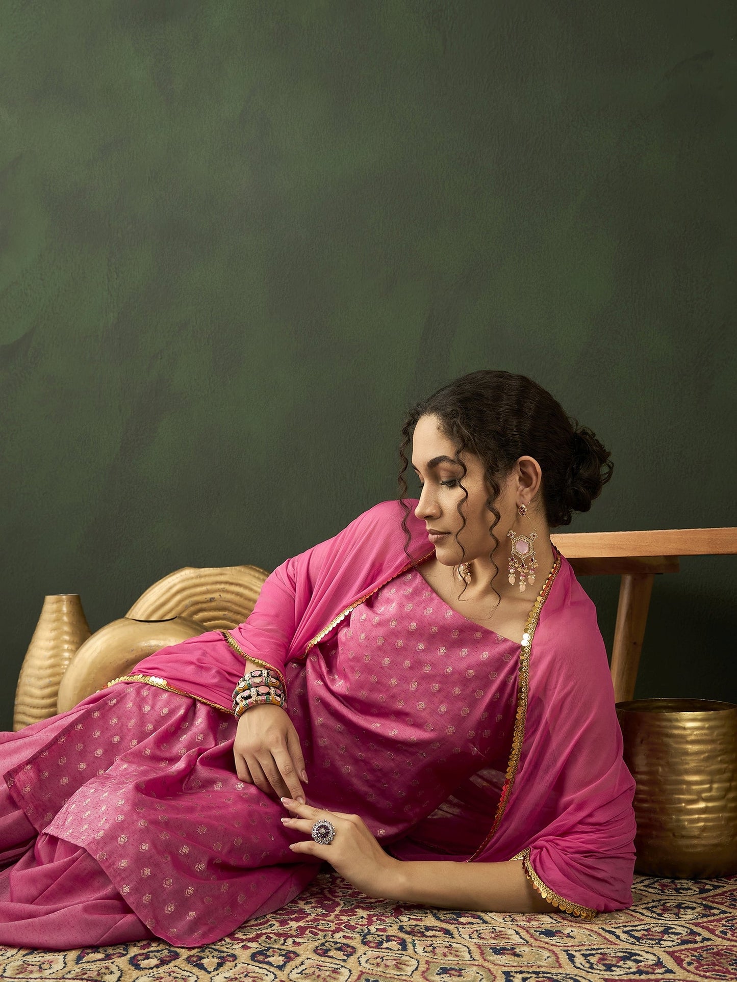 Pink Gold Zari Work Woven Design Kurta Palazzo With Dupatta - Elganza