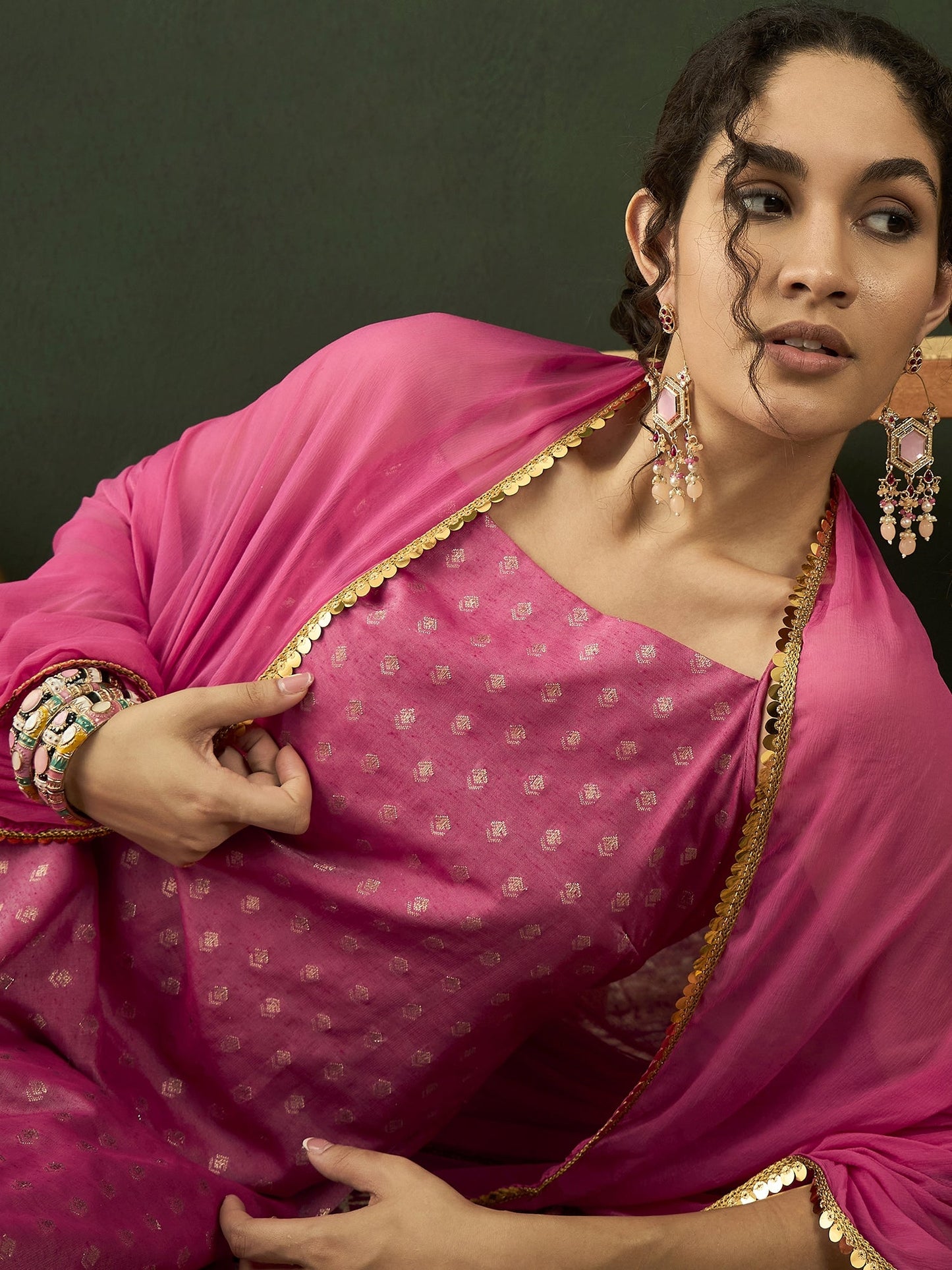 Pink Gold Zari Work Woven Design Kurta Palazzo With Dupatta - Elganza