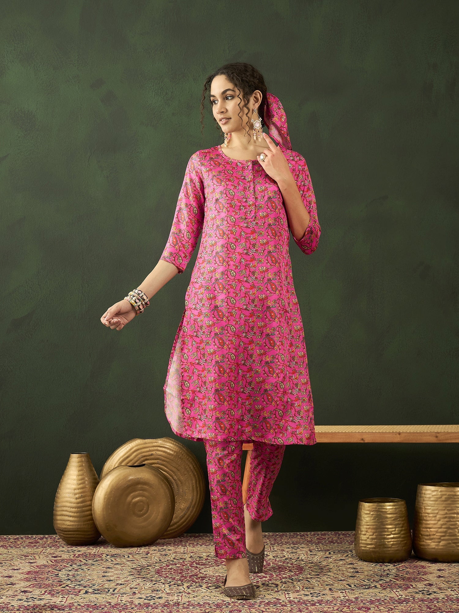 Pink Digital Floral Print Kurta With Pant - Elganza
