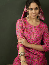 Pink Digital Floral Print Kurta With Pant - Elganza