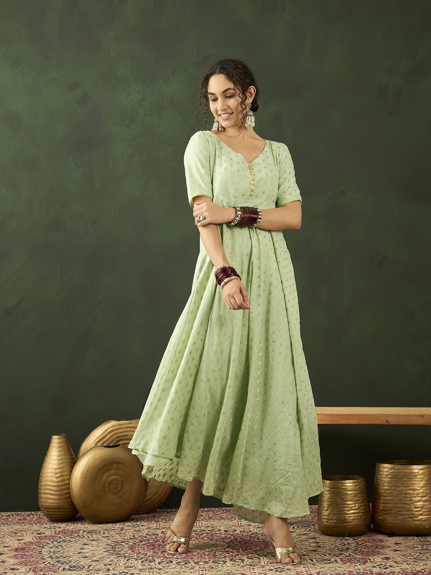Green Flared Maxi Dress - Elganza