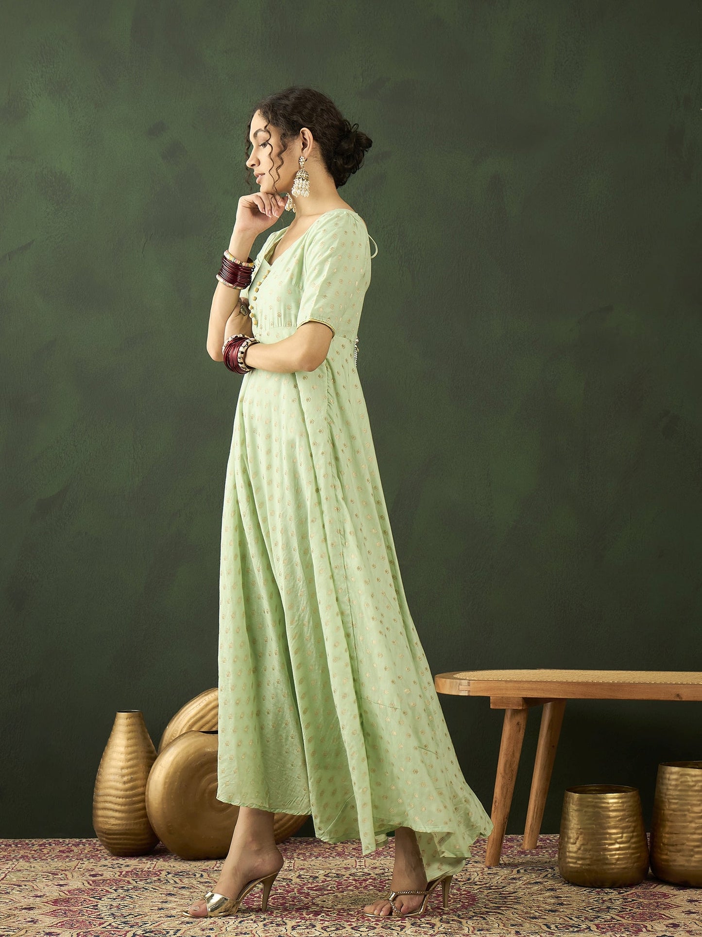 Green Flared Maxi Dress - Elganza