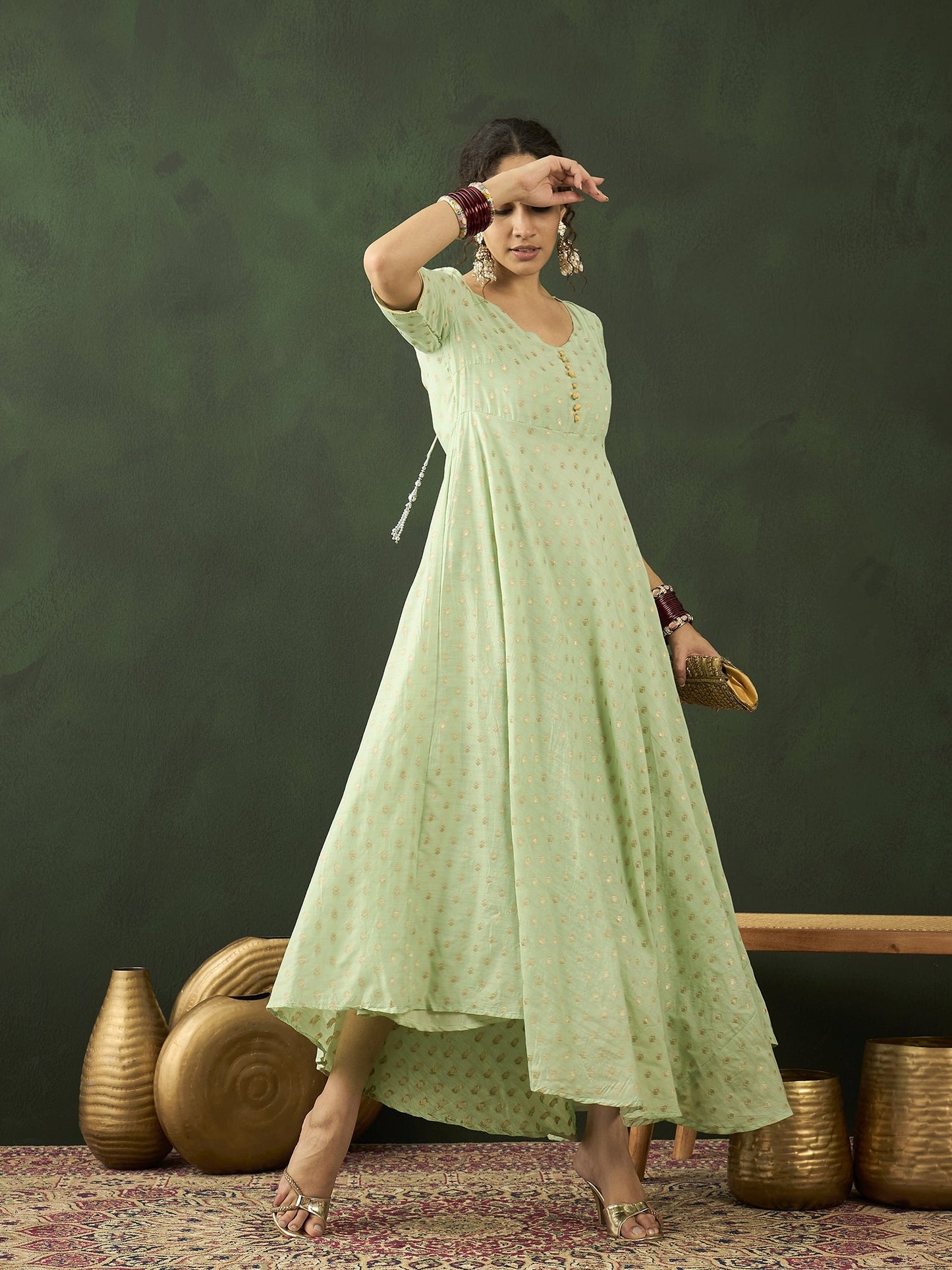 Green Flared Maxi Dress - Elganza