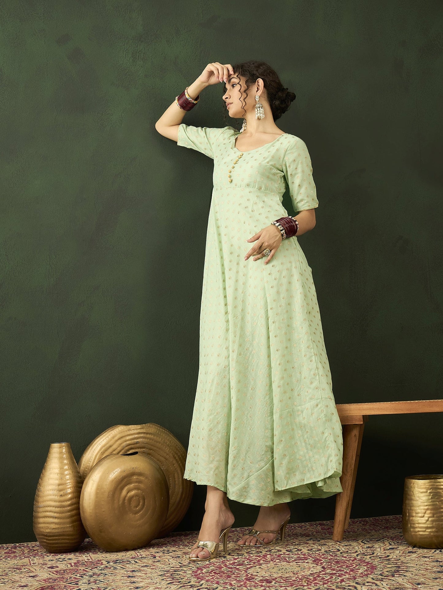 Green Flared Maxi Dress - Elganza